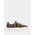 A low-top platform sneaker featuring a textured leopard print pattern in brown, black, and beige, with white laces and a thick white platform sole.