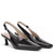 A pair of black leather pointed-toe slingback pumps with a low kitten heel and a small silver buckle at the back of the strap, shown on a clean white background.