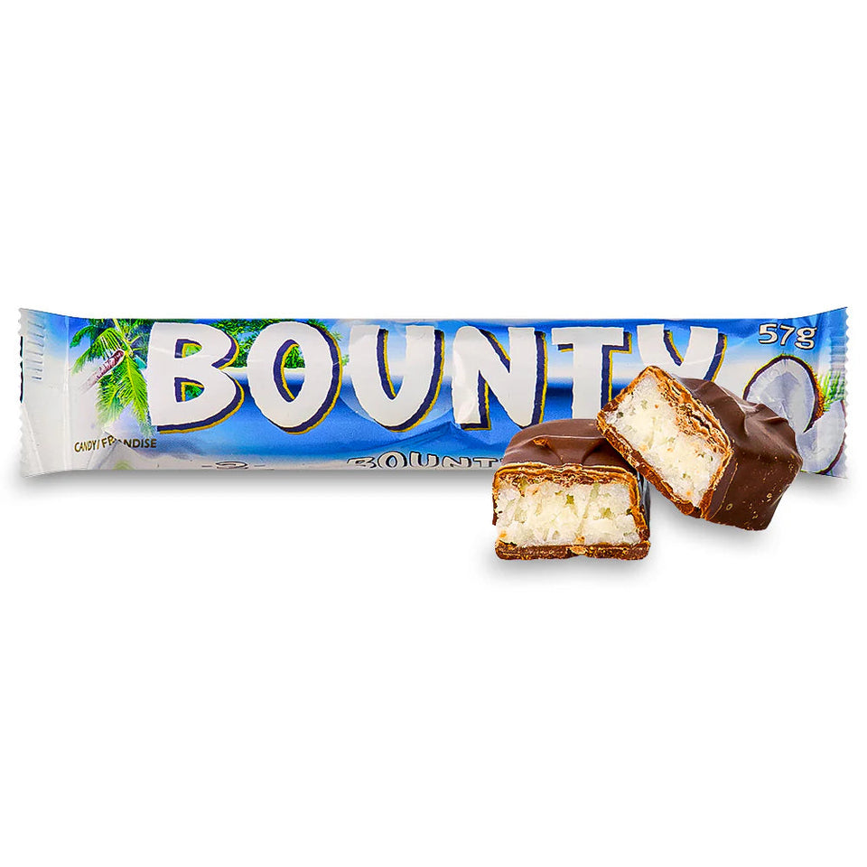 A Bounty chocolate bar with the brand name visible, the bar is shown with a piece cut out to reveal the coconut center.