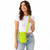 A woman wearing a white ribbed t-shirt and light wash jeans models a bright lime green crossbody bag with a matching adjustable strap against a solid white background.