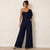 R&M Richards Women's Navy Plus Size One-Shoulder Rhinestone Strap Wide-Leg Jumpsuit