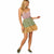 A woman modeling a sleeveless tiered mini dress with a pink floral bodice, green floral midsection, and yellow floral ruffled hem, paired with olive slip-on shoes against a white background.