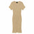 A beige ribbed knit short-sleeve midi dress with a crew neck, shown flat against a plain white background.
