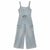 A light blue denim jumpsuit with wide legs, shoulder straps, a drawstring waist, and cargo pockets, shown flat on a white background.