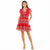 A woman modeling a red tiered mini dress with a floral print, short flutter sleeves, and a V-neckline, set against a plain white background.