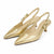 A pair of metallic gold pointed-toe slingback pumps with a low kitten heel and a decorative gold bow on the strap, shown against a plain white background.