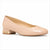 A single light beige patent leather pump shoe with a low block heel and a gold chain detail on the heel, shown against a plain white background.