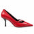 A single red leather pointed-toe pump with a slim black stiletto heel and a small silver buckle detail on the strap, shown against a plain white background.