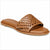 A tan leather slide sandal with a woven lattice strap and a small gold-tone logo charm, shown on a plain white background.
