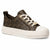 A Michael Kors low-top sneaker in brown monogram canvas with white laces, a white rubber toe cap, and a thick white platform sole with gold-tone hardware.