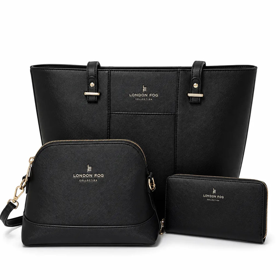 A three-piece black leatherette accessory set from London Fog Collection, including a large tote bag, a medium shoulder bag, and a slim wallet, all featuring gold-tone hardware and the London Fog brand name on the front.