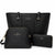 A three-piece black leatherette accessory set from London Fog Collection, including a large tote bag, a medium shoulder bag, and a slim wallet, all featuring gold-tone hardware and the London Fog brand name on the front.