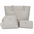 A three-piece London Fog Collection handbag set in light gray faux leather, including a large tote bag, a medium shoulder bag, and a slim wallet, all with gold-tone hardware and logo embossing.