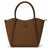 A brown leather tote bag with dual top handles and a gold-tone metal brand plaque on the front, photographed against a clean white background.