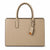 A structured beige leather handbag with dual top handles, a hanging leather tag, and a debossed 'LONDON GO' logo on the front, shown against a plain white background.