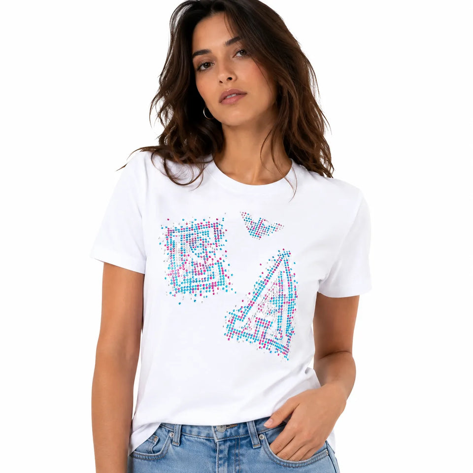 Emporio Armani Women's White Colorfully Pixelated Rhinestone Logo T-shirt | Emporio Armani in Lebanon