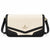 A London Fog Collection crossbody bag featuring a cream canvas body with black leather trim, decorative scalloped edges, and gold-tone hardware.