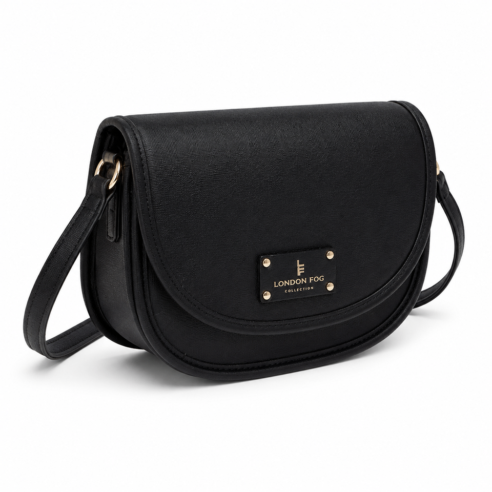 A black faux-leather shoulder bag with a curved flap and a gold-tone metal logo plate reading 'LONDON FOG COLLECTION'. The bag features a matching black shoulder strap and is photographed on a clean white background.