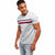 Man wearing a gray t-shirt with a colorful stripe on a white background