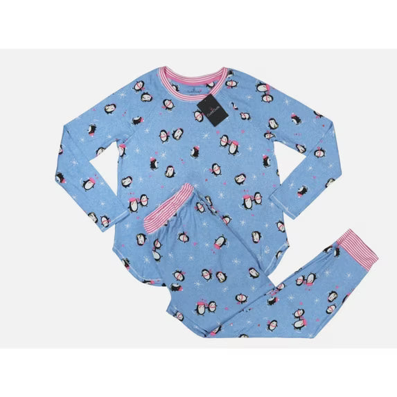 Cuddl Duds Women's Blue Holiday Penguins Graphic Print Pajama Set