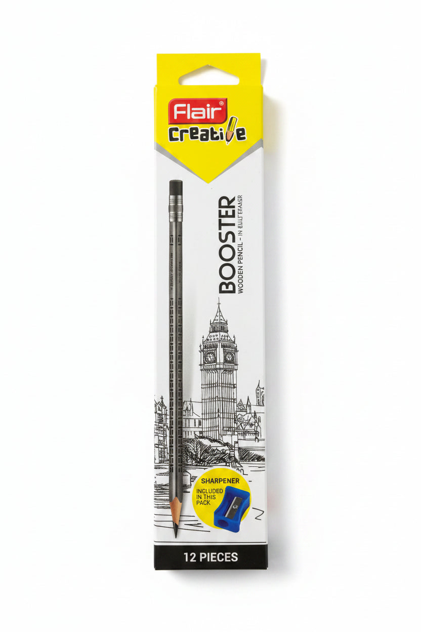 Flair Creative Booster Wooden Pencil Set with In-Built Eraser & Sharpener 12 pcs