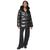A woman modeling a shiny black puffer jacket with a high collar and black wide-leg pants against a plain white background.