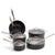 A 7-piece nonstick cookware set in matte black with stainless steel handles and glass lids, arranged on a clean white background.