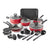 A 24-piece cookware set with red exterior and black interior cookware, including multiple pots, pans, lids, measuring cups, spoons, and a baking pan, arranged on a white background.
