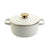 White enameled cast iron cookware with gold lid knob on a white background