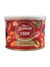 Red container with brand logo and cashew images on a wooden surface