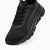 Black running shoe with brand logo on a white background
