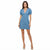A woman modeling a light blue chambray mini dress with puff sleeves, a V-neckline, and a button-up front, set against a plain white background.