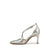 A metallic silver high-heeled pump with a pointed toe, crisscross ankle strap, and slim heel, shown in profile against a solid white background.