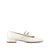 A single white patent leather Mary Jane flat shoe with a low block heel and double strap buckles, shown in profile against a white background.