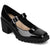 Black patent leather shoe with a buckle on a white background