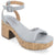 A light gray platform sandal with an ankle strap and cork-textured platform sole, shown from a three-quarters angle on a white background.