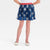 Person wearing a blue floral skirt on a white background
