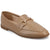 A tan leather loafer with a gold-tone horsebit detail across the vamp, shown from a three-quarters angle on a white background.