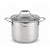 A stainless steel stockpot with a clear glass lid and side handles, featuring the T-fal logo on the front, set against a plain white background.