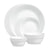 A white ceramic dinnerware set including plates and bowls, arranged on a clean white background.