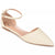 Beige flat shoe with a pointed toe and ankle strap on a white background