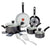 Set of cookware including pots, pans, and utensils on a white background