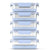 A stack of six Ellkt glass food storage containers with light blue lids and clear bodies, set against a plain white background.
