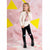 A young girl modeling a cream-colored fuzzy sweater with a bunny graphic, paired with black leggings featuring pastel star patches and black boots, set against a pink and yellow geometric background.