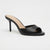 A single black leather high-heeled mule sandal with an open toe and slim stiletto heel, shown from a side profile on a light gray background.