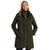 A woman wearing a quilted olive green hooded jacket with brown trim, shown against a plain white background.