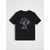 A black short-sleeve crewneck t-shirt featuring a white line art graphic of a ginkgo leaf and the word 'Melody' printed on the front, displayed flat against a light gray background.