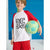 A young boy wearing a white and red raglan t-shirt with the number 35 on the front, red shorts, and holding a green and yellow soccer ball against a blue studio background.