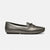 A single metallic gray leather loafer with a small bow detail on the vamp, shown in a side profile against a light gray background.
