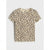 A short-sleeve crewneck t-shirt with an all-over leopard print pattern in beige, brown, and black, displayed flat against a light gray background.